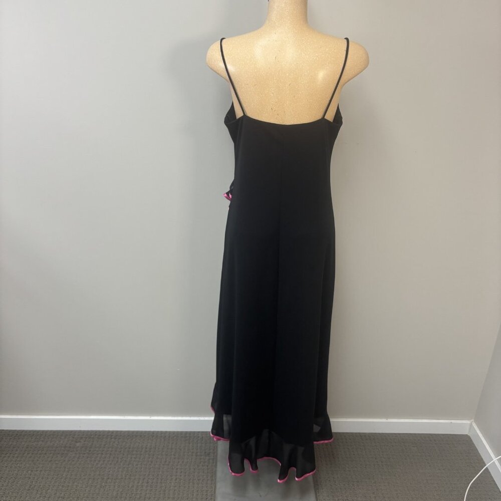 Jessica Black Asymmetrical Slip Dress with Pink Ruffle Trim - Picture 2 of 13